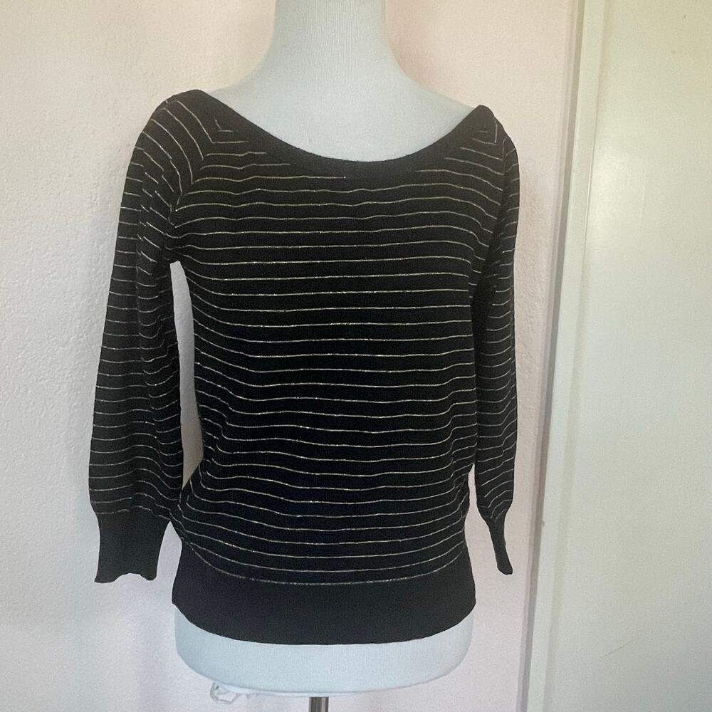 Vintage Jungle Paris Black Gold Metallic Stripe Boat Neck Sweater Size Small - Picture 2 of 9